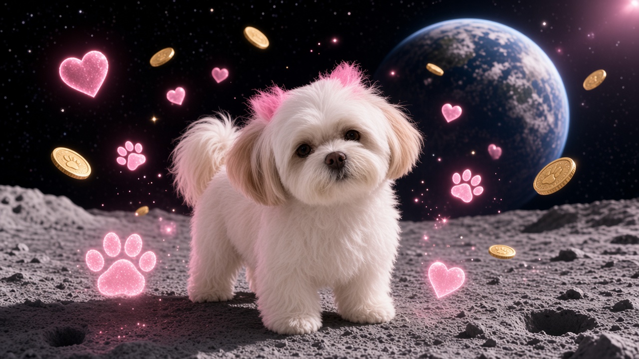 Winnie on the moon with hearts and gold coins