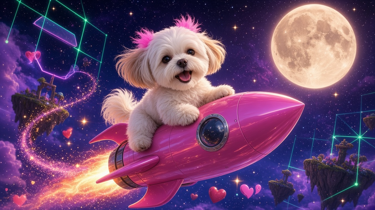 Winnie riding a pink rocket to the moon